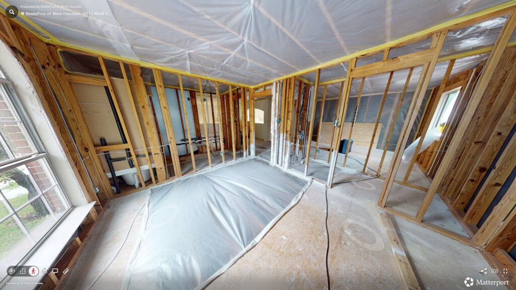 Walls and floors sanitized and gutted for rebuild